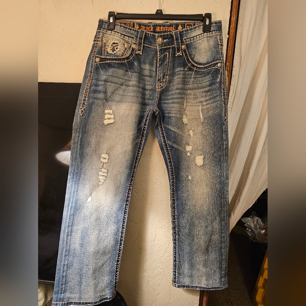 Rock Revival Men's Faded Blue Distressed Relaxed Jeans